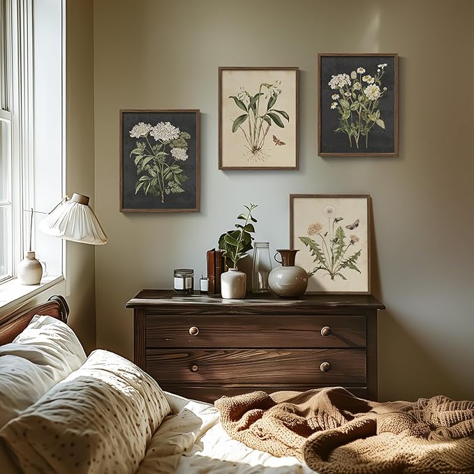 Framed Vintage Botanical Floral Wall Art for Living Room, 4 Piece 12x16 In | Farmhouse wall decor, Flower pictures, Rustic retro paintings, Ready to hang canvas prints, Kitchen bedroom bathroom decor
