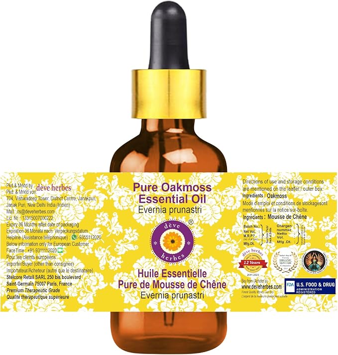 Deve Herbes Pure Oakmoss Essential Oil (Evernia prunastri) with Glass Dropper 100% Natural Therapeutic Grade Steam Distilled for Personal Care 30ml (1.01 oz)