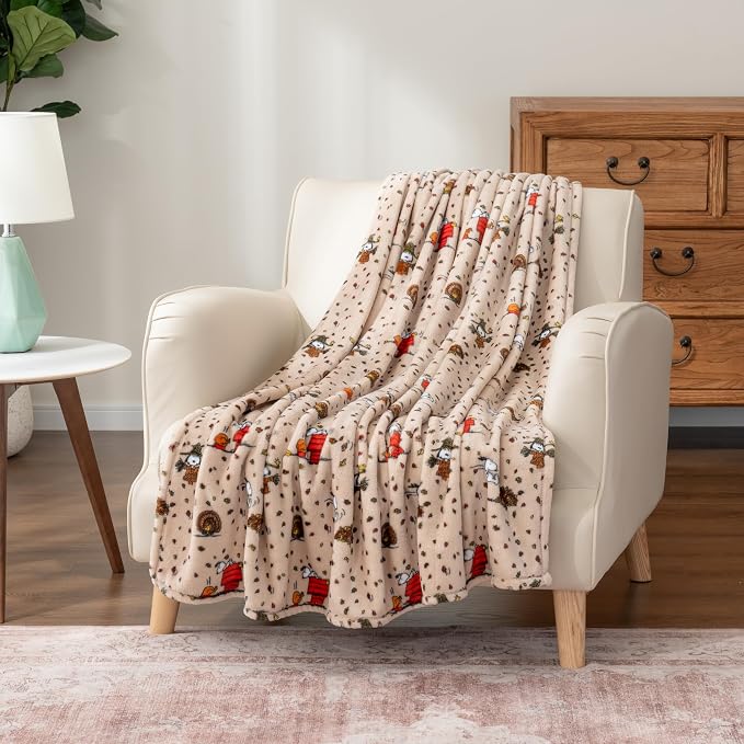Berkshire Blanket Peanuts® VelvetLoft® Cute Character Snoopy Plush Oversized Throw Blanket, Peanuts Snoopy and Woodstock Harvest Combo Linen (50in x 60in)