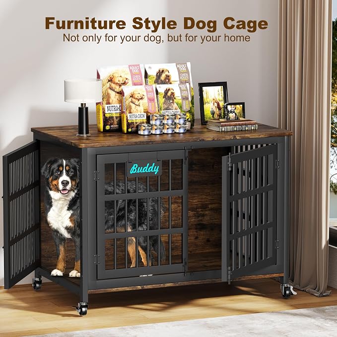 EasyCom 46"/42"/33" XXL Heavy Duty Dog Crate Furniture with Casters | Dog Kennel Indoor with Name Tag, Escape-Proof and Chew-Proof Dog Cage for Large High Anxiety Dog, as End Table