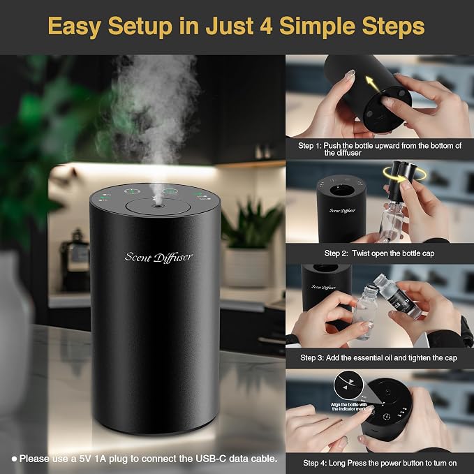 Waterless Essential Oil Diffuser Starter Kit - No Water Needed, Battery Operated Mini Scent Air Machine, Included 3x20ML Essential Oils, Portable Aromatherapy Diffuser for Home & Car, Black, 2Pack
