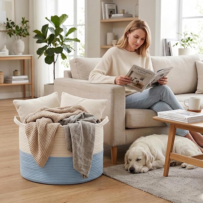 115L Extra Large Woven Blanket Basket, Laundry Hamper-White&Blue | Collapsible, reinforced handles, nursery storage bin organizes clothes, toys and pillows for living room, bedroom bathroom