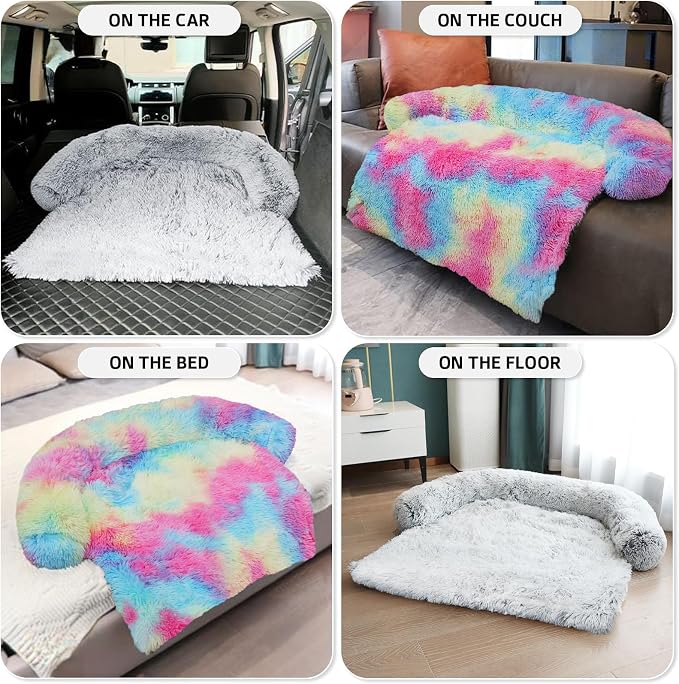 GGIB Calming Dog Bed Fluffy Plush Dog Mat for Furniture Protector with Removable Washable Cover for Large Medium Small Dogs and Cats (Large, Rainbow)
