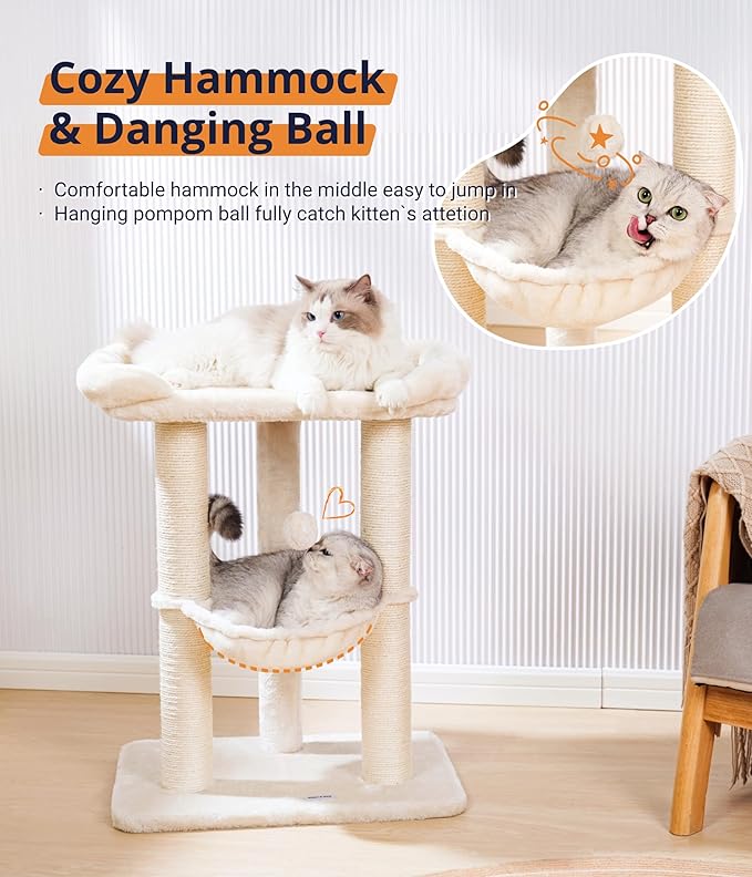 Cat Tree, Cat Scratching Posts with Large Bed for Big Cats | Small Cat Tower, 28" Tall For Window Viewing, 23.6"x15.7" Cat Perch Bed, Cat Hammock, Removable Cover, Solid Structure, Beige