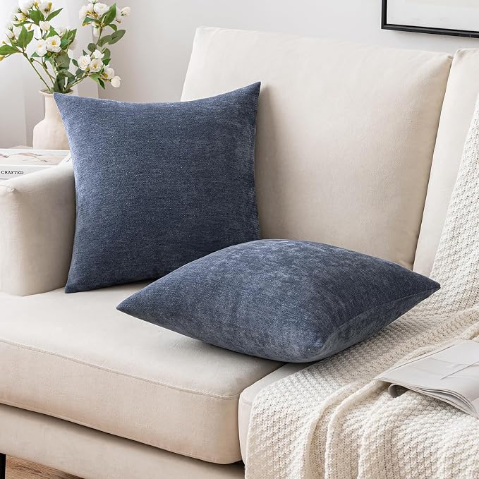 MIULEE Pack of 2 Blue Decorative Pillow Covers 18x18 Inch | Soft Chenille Couch Throw Pillows Farmhouse Cushion Covers for Home Decor Sofa Bedroom Living Room