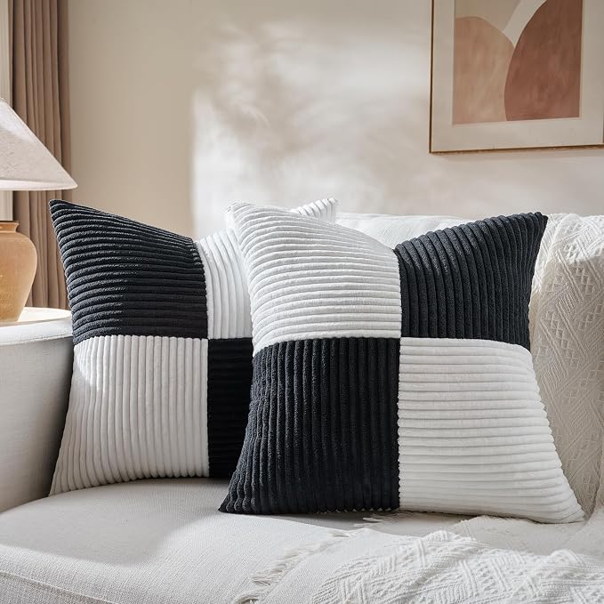Fancy Homi Set of 2 Black White Decorative Throw Pillow Covers 18x18 Inch with for Couch Bed Sofa Living Room, Soft Cross Patchwork Striped Corduroy Modern Square Cushion Case 45x45 cm