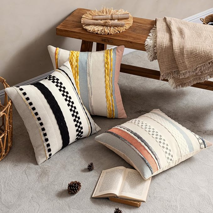 ANRODUO Boho Decorative Throw Pillow Covers Yellow Stripe 18x18 Pack of 2 | Throw Pillow Covers, Farmhouse Cushion Case, Chenille Pillow Cases, Pillow Covers, Neutral Pillowcase for Sofa Couch Bed