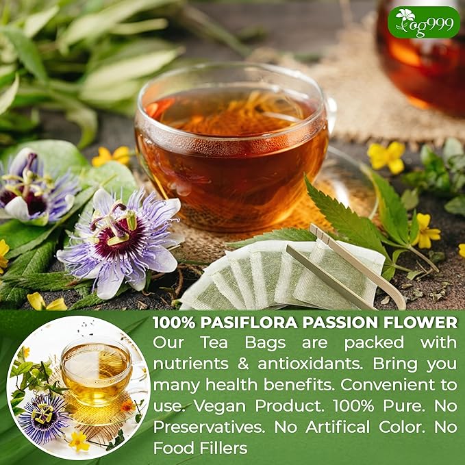 TOG999, Premium 60 Pasiflora Pasion Flower Tea Bags, 100% Natural & Pure. Herbal Tea. No Sugar, No Caffeine, No Gluten, Vegan. (60 Bags Passiflora Flower)