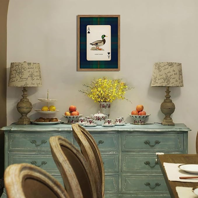 Framed Vintage Mallard Duck Wall Art, Country Lucky Duck Wildlife Poker Wall Decor Painting, Nature Rustic Farmhouse Hunting Canvas Prints Pictures for Living Room Bedroom 12x16 Inch
