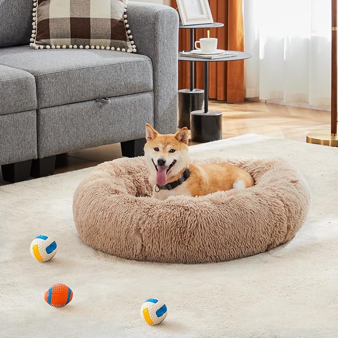 DUMOS 37.4x37.4 Inch XL Donut Dog Bed for Indoor Use, Fluffy Faux Fur Plush | Warming Cozy Round Pet Bed, Machine Washable Cuddler, Anti-Slip Bed for Dogs and Cats, Brown