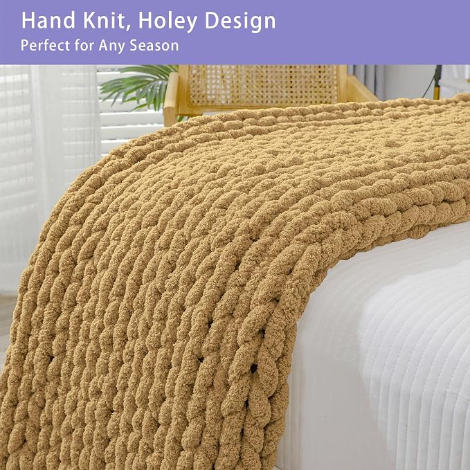 Bigacogo Chunky Knit Throw Blanket for Couch, 40x80 inches, Goldenrod | Hand Knit with Jumbo Chenille, Soft Breathable Cable Knit for Sofa Bed Living Room, Machine Washable, Gift for Mom Friend
