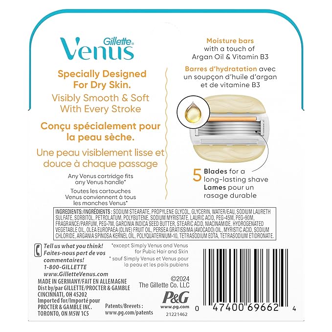 Venus MoistureGlide Women's Razor Blades, With Built-in Shave Gel Bars, 4 Razor Blade Refills