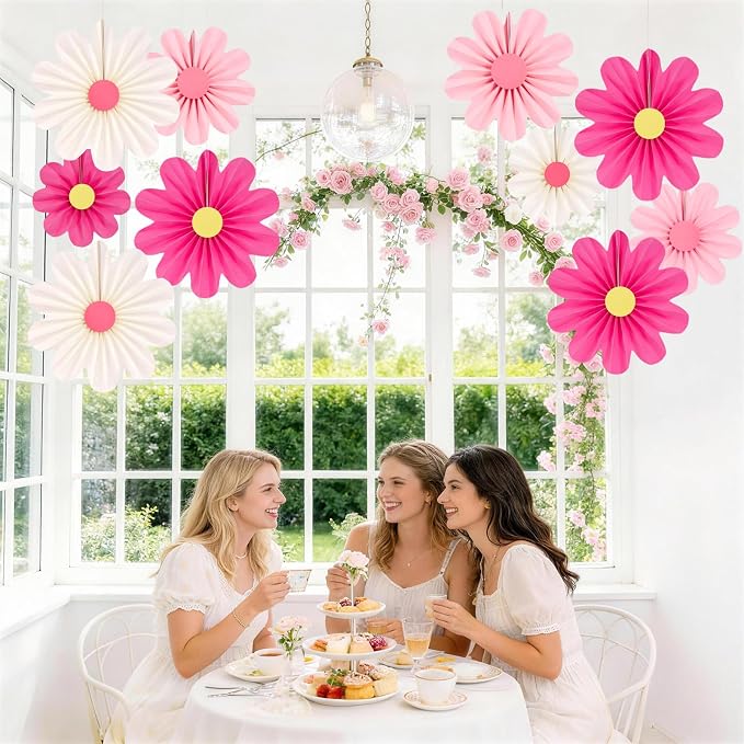 SUNBEAUTY Paper Flowers Decorations Pink Daisy Paper Flowers Decorations for Wall Hanging Paper Fans Decoration Floral Backdrop Decor for Birthday Wedding Baby Shower Classroom Decoration Set of 9
