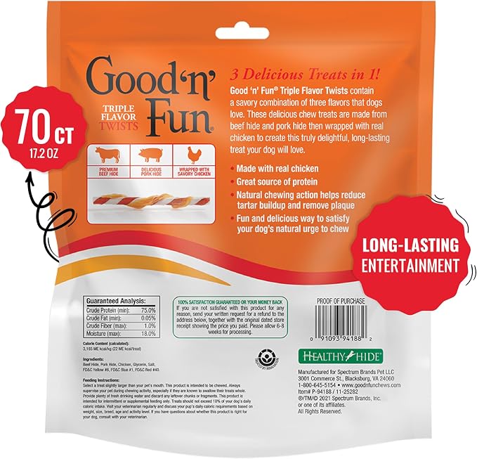 Good 'n' Fun Twists Long-Lasting Dog Treat Made With Real Protein, 70 Count | Premium Chicken, Pork and Beef Hide Chew, Supports Dental Health and Mental Stimulation, For Adult Dogs