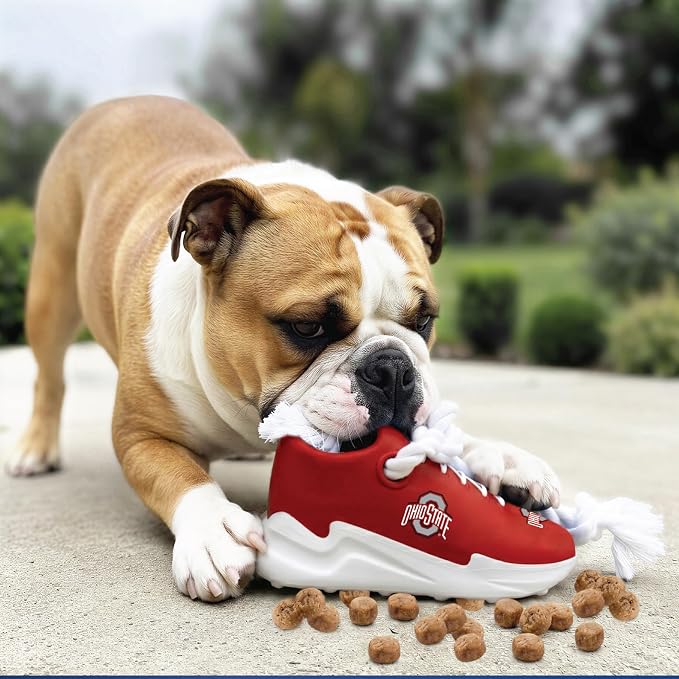 NCAA Ohio State Buckeyes Cleat Sneaker Spike Dog Toy, Treat Dispenser Chew Toy for Dogs, Interactive Rope Tug Toy, Slow Feeder Natural Rubber Dog Toy with Official Team Logo for Puppies & Adult Dogs