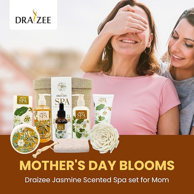 Mother’s Day Gift Baskets for Women- 9 Pcs Frankincense & Jasmine Scented Bath and Body Spa Self Care Kit, Relaxing Bath and Body Set, Home Spa Gifts for Her by Draizee