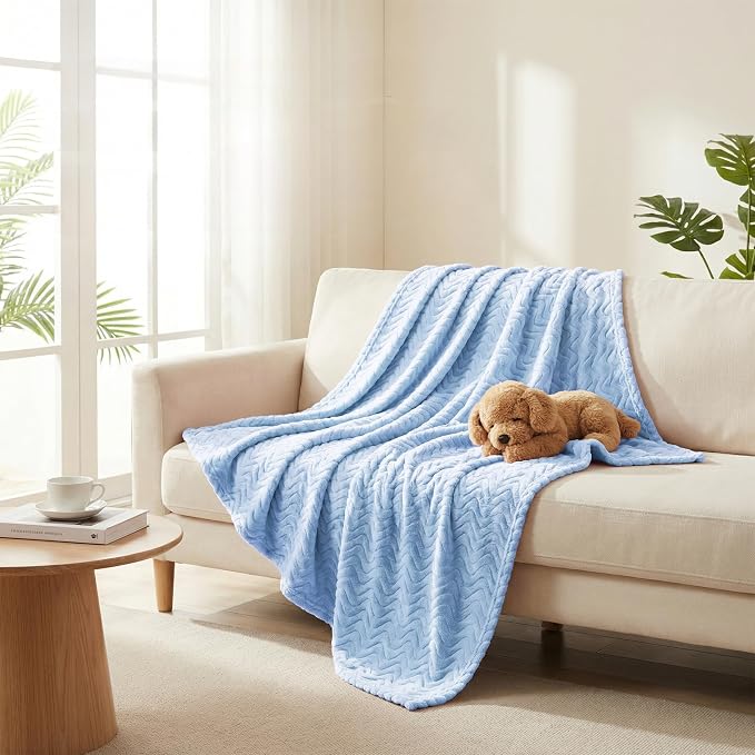 Exclusivo Mezcla Soft Fleece Blanket King Size for Bed, Sofa, Light Blue | 90"x104" Breathable Lightweight Flannel Blanket for Summer, Plush Cozy Jacquard Wave for Home Decor