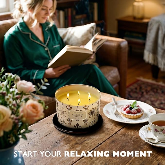 HomeLights Large jar Candle | 4-Wick Long-Lasting Scented Candles, 18oz Natural Soy Wax Candle for Home Scented, Bohemian Natural Textures Gifts for Women & Men, Lavender Vanilla