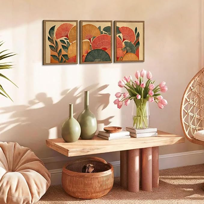 Framed Colorful Botanical Wall Art Set of 3, Vintage Ginkgo Leaves Canvas Wall Decor Paintings, Mid Century Abstract Flowers Posters Prints Pictures for Living Room Bedroom Bathroom 12x16 Inch