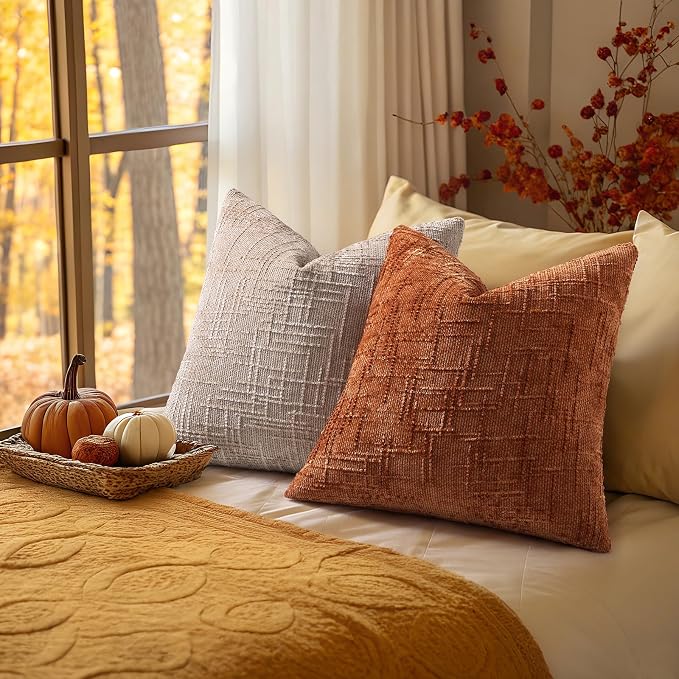 decorUhome Textured Chenille Throw Pillow Covers 16x16 Set of 2 Rust | Fall Modern Farmhouse Soft Cozy Slubby Couch Pillow Cases Boho Decorative Pillow Cases for Bed Sofa Living Room Home Decor