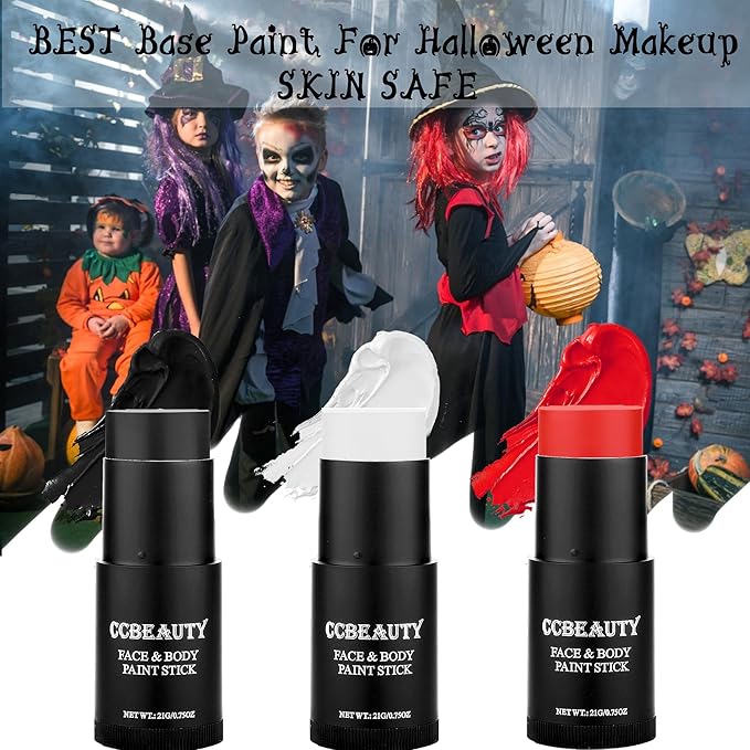 CCBeauty Halloween Clown Makeup Kit, White Black Red Face Body Paint Stick, Cream Skeleton Joker Skull Mime Foundation Makeup, Hypoallergenic Face Painting Set for SFX Cosplay Costume Party