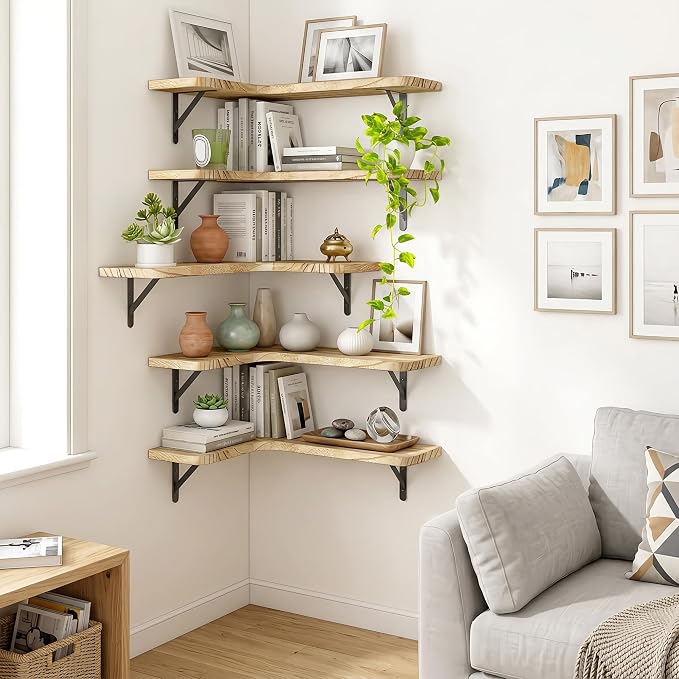Fixwal Conner Shelves Wall Mounted for Decor, Carbonized Black 5pcs | Solid wood shelf with metal brackets, holds 40 lbs. Optimizes corner storage. Fits bathroom, kitchen, bedroom & living room.