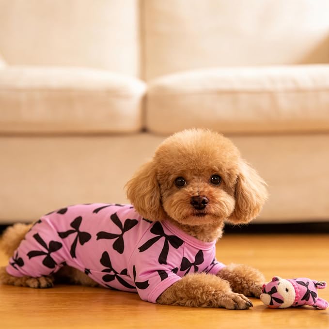 Dog Pajamas Summer Cute Print Puppy Jumpsuit Thin Dog Onesie Small Dog Clothes with Comfy & Elastic Frbic Puppy Pjs(Violet Bowknot, X-Small)