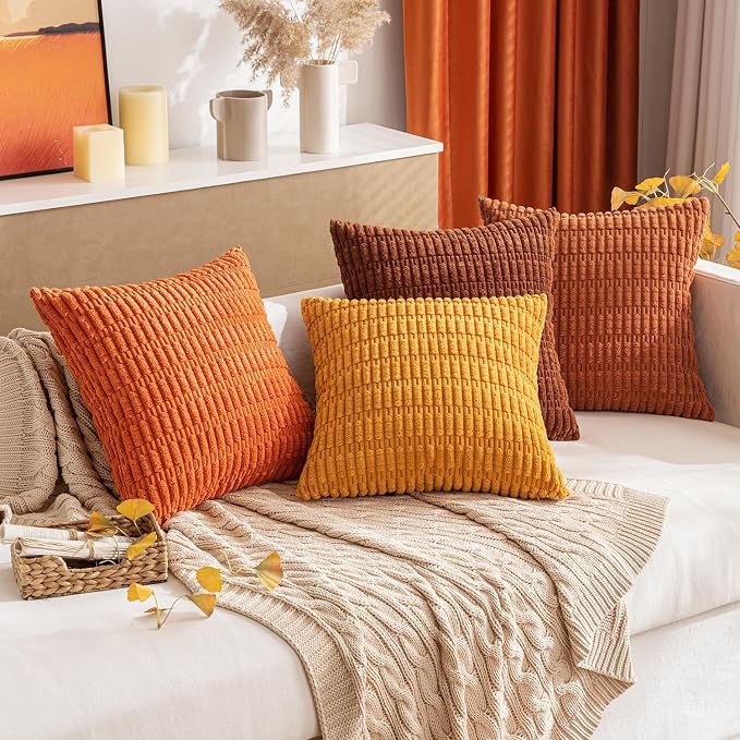 MIULEE Fall Corduroy Decorative Throw Pillow Covers 16x16 Orange Pack of 2 | Soft Boho Striped Pillow Covers Modern Farmhouse Autumn Home Decor For Sofa Living Room Couch Bed