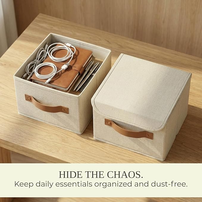 Decorative Linen Storage Boxes with Lids - Spacious Set of 2 Organizer Bins | The Perfect Small Container for Home Decor - Safely Store Photos, Documents and Memory Box Keepsakes in Style