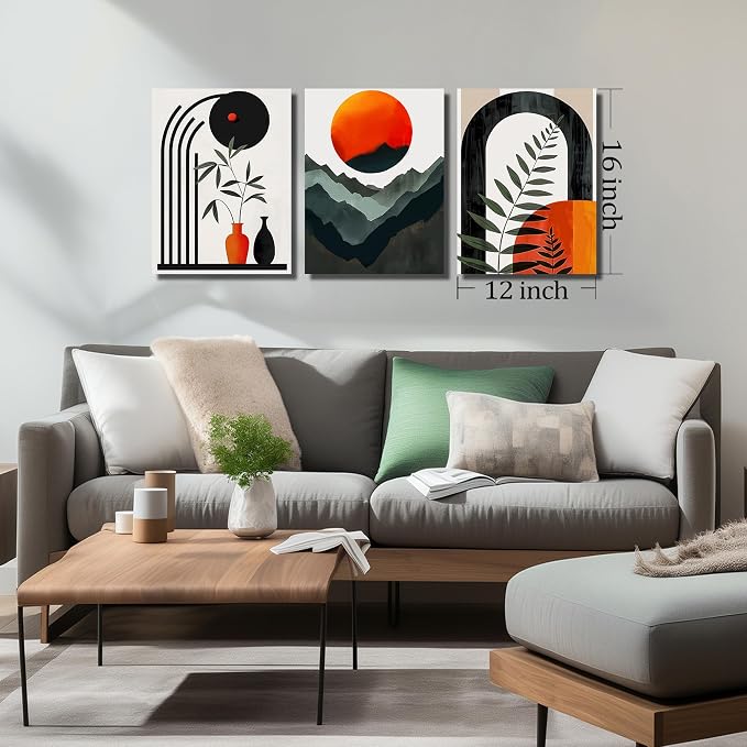 DNIEOTU Boho Wall Art for Living Room, Bohemian Canvas Wall-Decor for Bedroom, Mountian Moon and Geometric Shapes Picture Prints, Size 12 x 16 Inches 3-Pieces