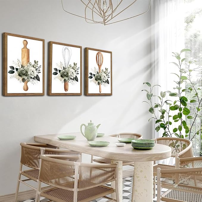 Modern Kitchen Canvas Wall Art Set of 3 – Framed Minimalist Floral Plant Wall Decor, Flowers Kitchen Utensil Posters Prints for Kitchen Dining Room Home Decor – 12x16in