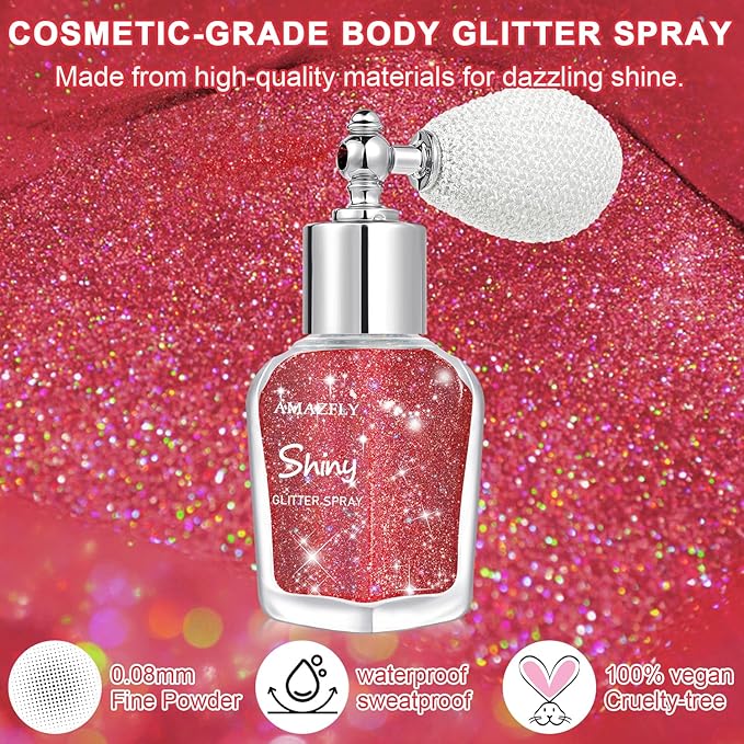 Hair and Body Glitter Spray, Shimmering Powder Sparkle Powder Makeup, Glitter Loose Sparkle Makeup for Body Highlighter,Festival Prom Rave Accessories (Red)