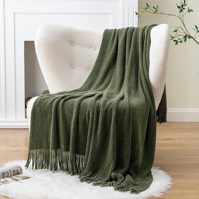 BATTILO HOME Olive Green Throw Blanket for Couch, 60"x80" | Soft Chenille Knit Throws with Tassels for Home Decor, Dark Green Blankets and Throws for Bed Couch Cover