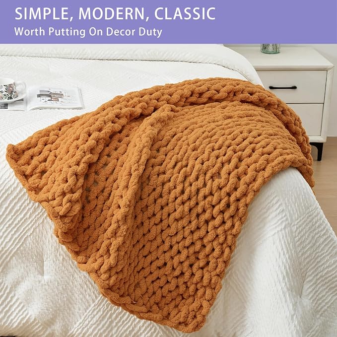 Bigacogo Chunky Knit Throw Blanket for Couch, 40x40 inches, Burnt Orange | Hand Knit with Jumbo Chenille, Soft Breathable Cable Knit for Sofa Bed Living Room, Machine Washable, Gift for Mom Friend