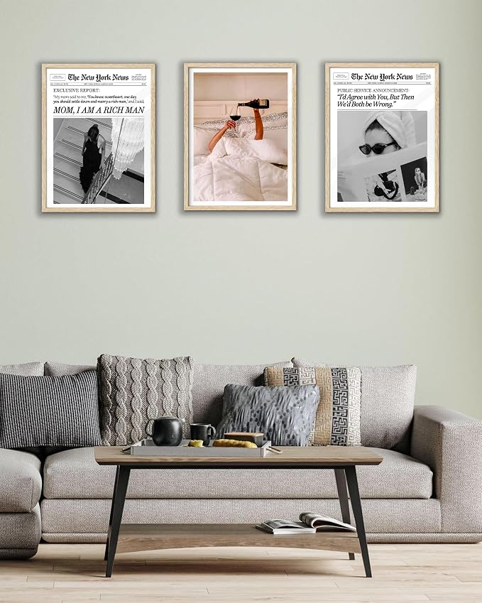 EcoHest Small 8x10in Woman Drinking Wine in Bed Framed Wall Art for Bedroom | Natural Oak Wood Frame with Canvas Wall Art, Feminist Wine Wall Decor for Bathroom, Apartment, Dorm, College Room, 1Pack