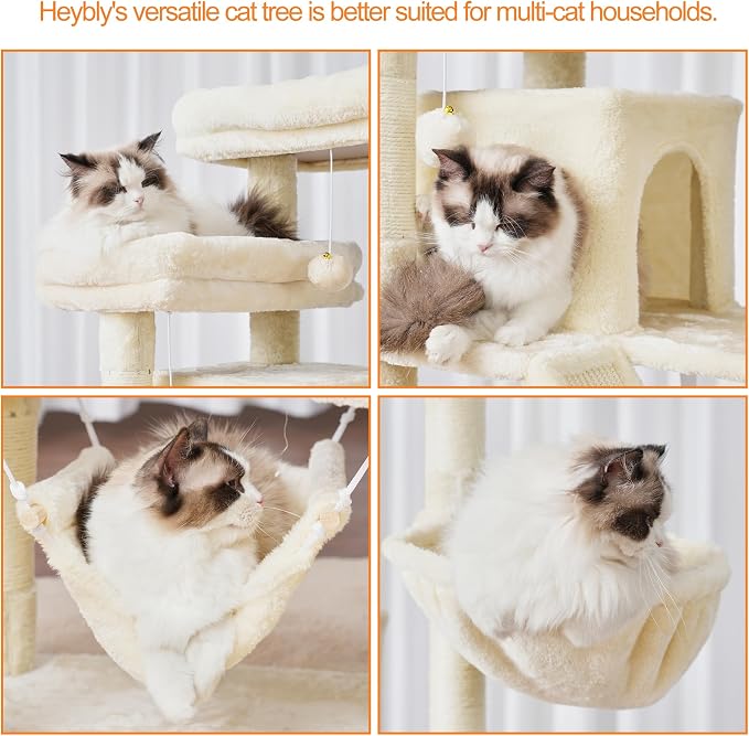 Heybly Cat Tree, 71-Inch-Tall Tower for Indoor Cats with 2 Perches HCT034M | Large Cat Furniture with 2 Big Condos, 2 Hammocks, Basket, Scratching Pad, Multi-Level Cat Condo, Beige