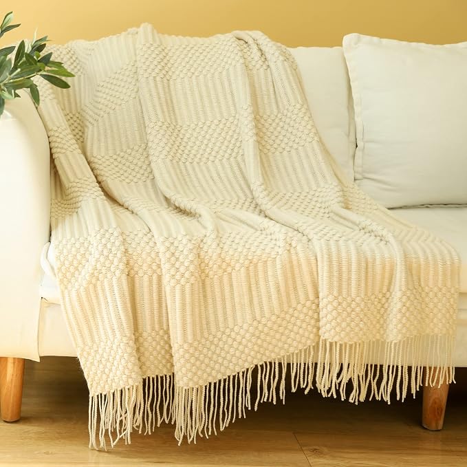 Blagic Soft Knitted Throw Blanket for Couch and Bed,Off White,60"x80" | Lightweight and Cozy,Farmhouse Boho Blanket with Tassel,Decorative for Living Room,Gifts for Adults,All Season Use
