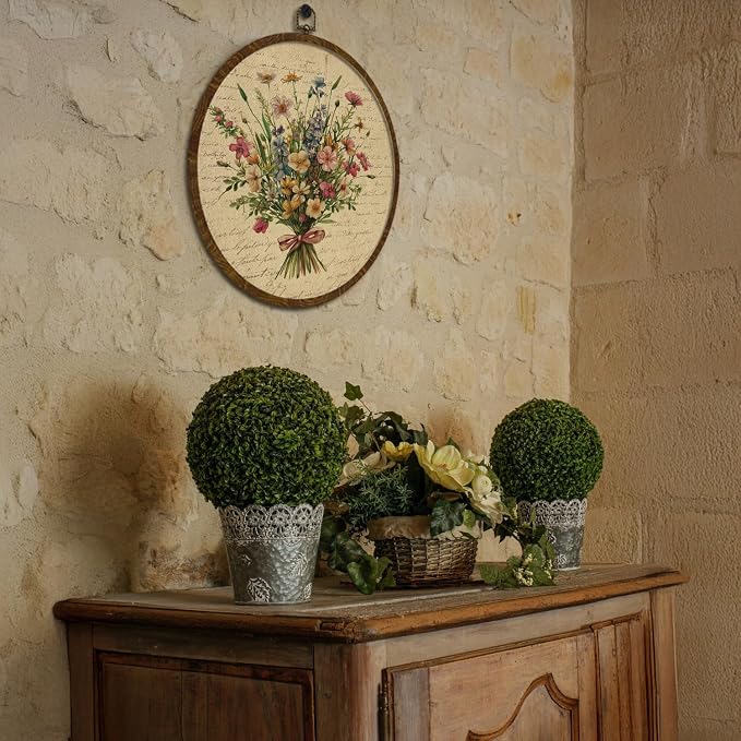 KLYTINK Vintage Floral Round Wall Art Decor,Boho Wildflower Botanical Canvas Print,Retro Wall Hnging Decor for Farmhouse Bedroom Living Room Gallery Space 10"x10"(Letter Flowers-04)