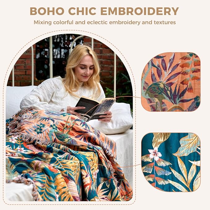 LUTBM Boho Throw Blanket for Bed 60"x80", All Season Cotton Couch Blankets | Reversible Leaves Birds Jacquard, All-Season Twin Lightweight Breathable Quilt, For Chair Sofa Bedroom Living Room