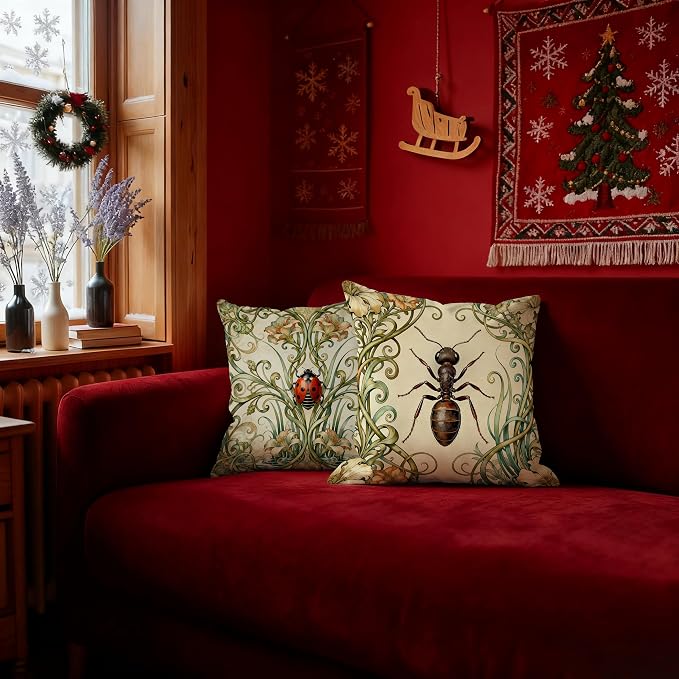 Art Nouveau Ladybug Ant Insect Pillow Covers 18x18 Set of 2, Nature Room Home Decor, Cottagecore Beige Vintage Floral Bug Insects Decorative Pillow Covers for Home Living Room Bedroom