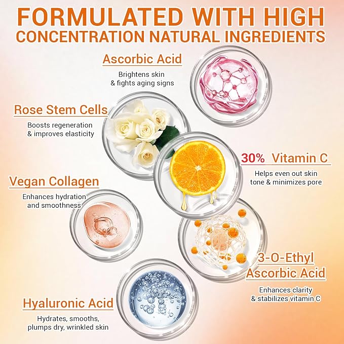 30% Vitamin C Serum with Hyaluronic Acid & Rose Stem Cells – Enhances Anti-Aging Face Serum for Wrinkles, Uneven Skin Tone, Dark Spots, Dull Skin，Korean Microneedling-Like Care 30 Ampoules