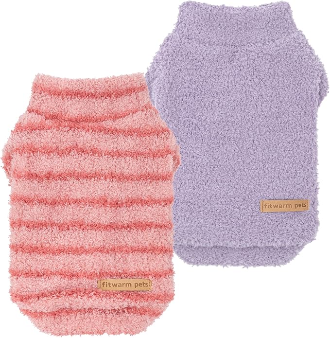 Fitwarm 2 Pack Striped Fleece Dog Sweater, Warm Winter Clothes for Small Dogs Boy Girl, Fuzzy Pet Outfit, Pink, Lavender Purple, Small