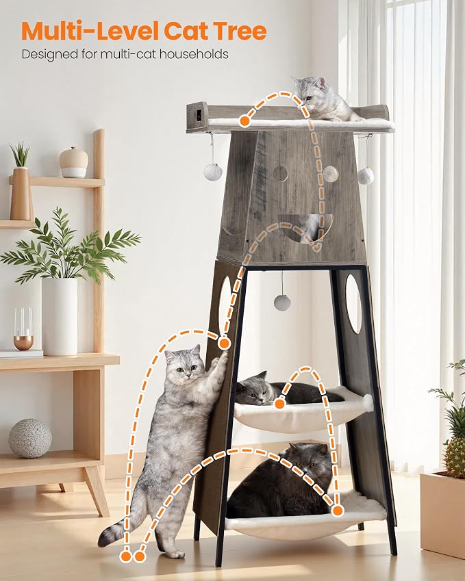 56in Modern Wood Cat Tree Tower for Indoor Cats with Hammock | Multi-Level Climbing Design, 2 Spacious Hammocks, Top Perch, Cat Condo, Scratching Boards, Ideal for Multi-Cat Homes,Greige