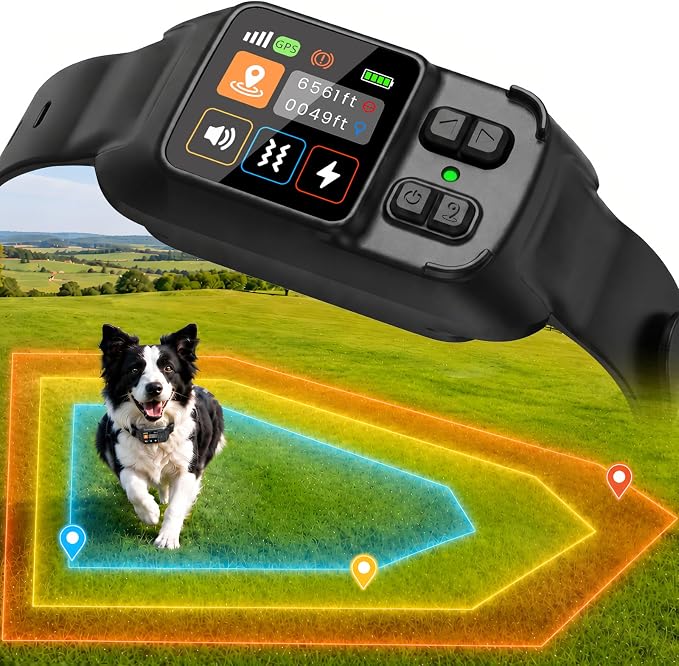 GPS Wireless Fence System for Dogs, Invisible Electric Fence for Medium Large Dogs, IP68 Waterproof, Circular/Irregular Boundary 49-6561FT, No Subscription Perimeter Collar, Outdoor(Black)