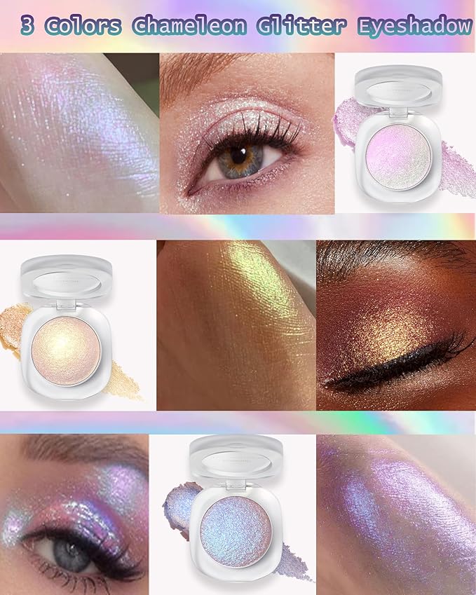 Glitter Holographic Eyeshadow Palette Multichrome Gold Sliver Chameleon Face Highlighter, Sparkling Cream Color Shifting Single Eye Shadow Long Lasting Shimmer Inner Corner Eye Brightener Makeup-03