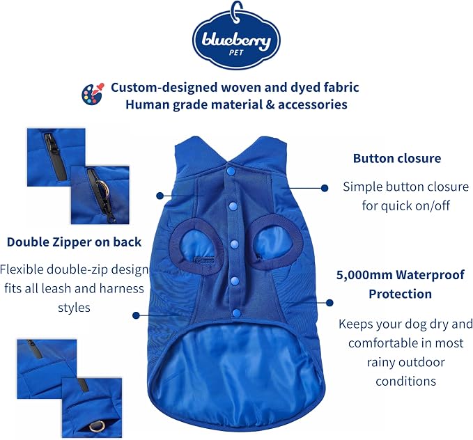 Blueberry Pet Cozy Windproof Dog Coat – Navy Blue Quilted Winter Jacket for Medium Dogs, Award-Winning Design with Leash Hole, Size 14"
