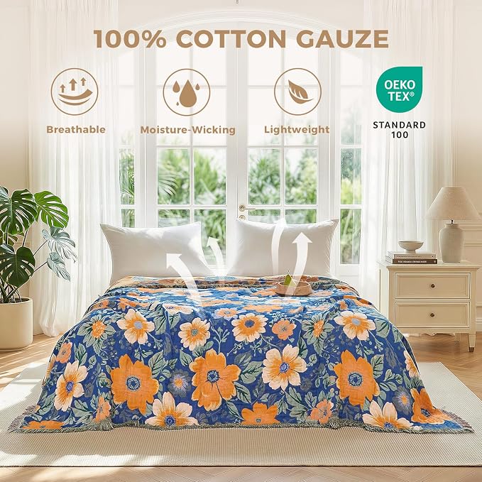 LUTBM Boho Throw Blanket for Bed 60"x80", All Season Cotton Couch Blankets | Blue Reversible Florals Jacquard, All-Season Twin Lightweight Breathable Quilt, For Chair Sofa Bedroom Living Room Decor