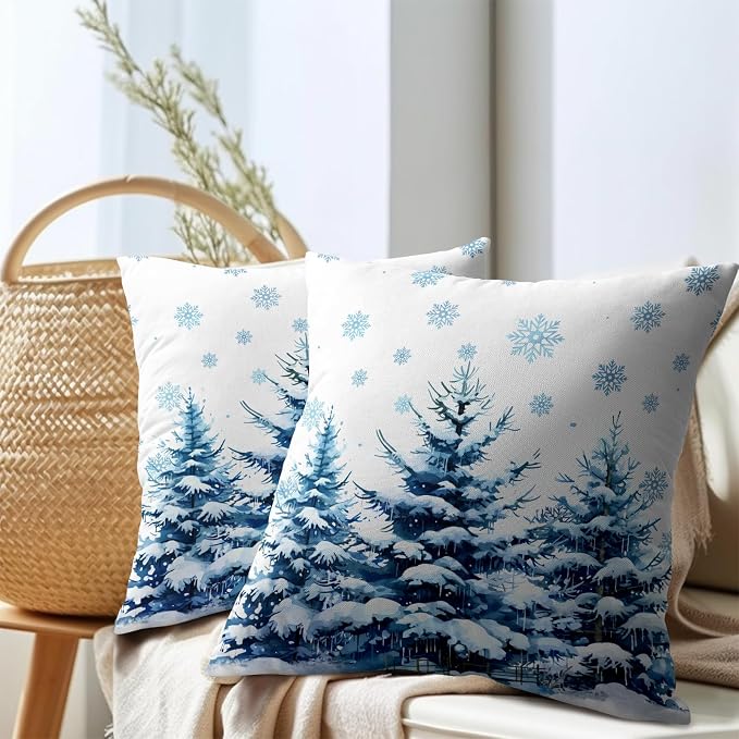 Kawani Winter Blue Trees Pillow Covers 18x18 Inches, Set of 2 Nature Snowy Pine Forest Seasonal Farmhouse Cotton Linen Pillow Cushion Case for Sofa Couch Outdoor Indoor Decorations