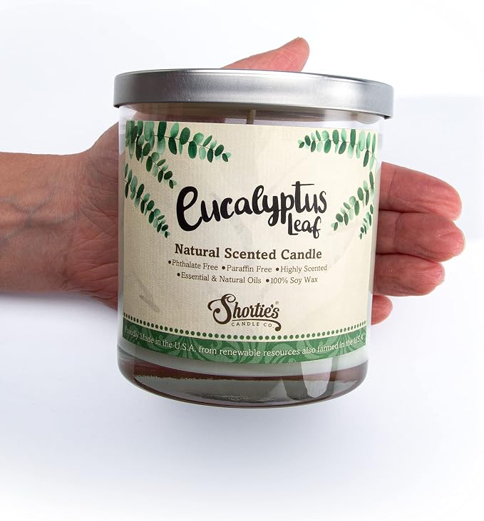 Eucalyptus Leaf Scented Natural Soy Candle, Essential Fragrance Oils, 100% Soy, Phthalate & Paraben Free, Clean Burning, 9 Oz.