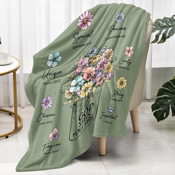 Christian Gifts for Women, Christian Birthday Blanket with Flowers | Religious Christmas Spiritual Baptism Gifts for Grandma Nana Mom Female Friend Sister, Throw Blankets 80''x 60'', Sage Green